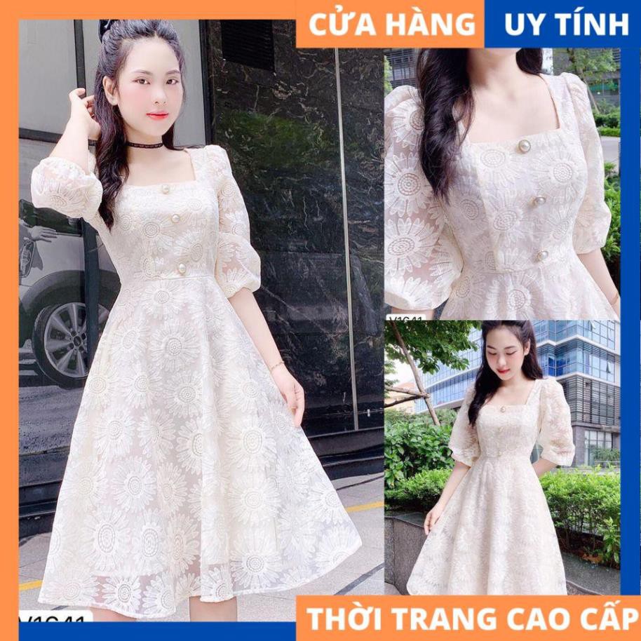 Đầm ren hoa cổ vuông tay lửng 3 nút cực xinh - Misa dress [HÀNG CAO CẤP] | BigBuy360 - bigbuy360.vn