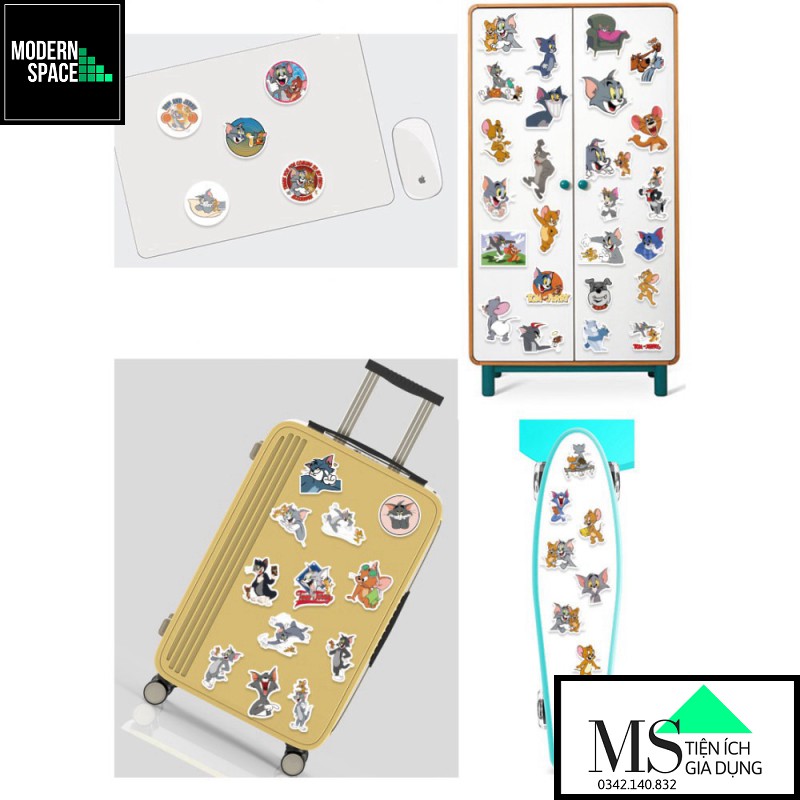 Sticker PVC Tom Jerry ST-117 - Cả bộ 50 Hình dán Stickers Chống nước Dán Mũ bảo hiểm Vali Laptop Điện thoại Dán xe