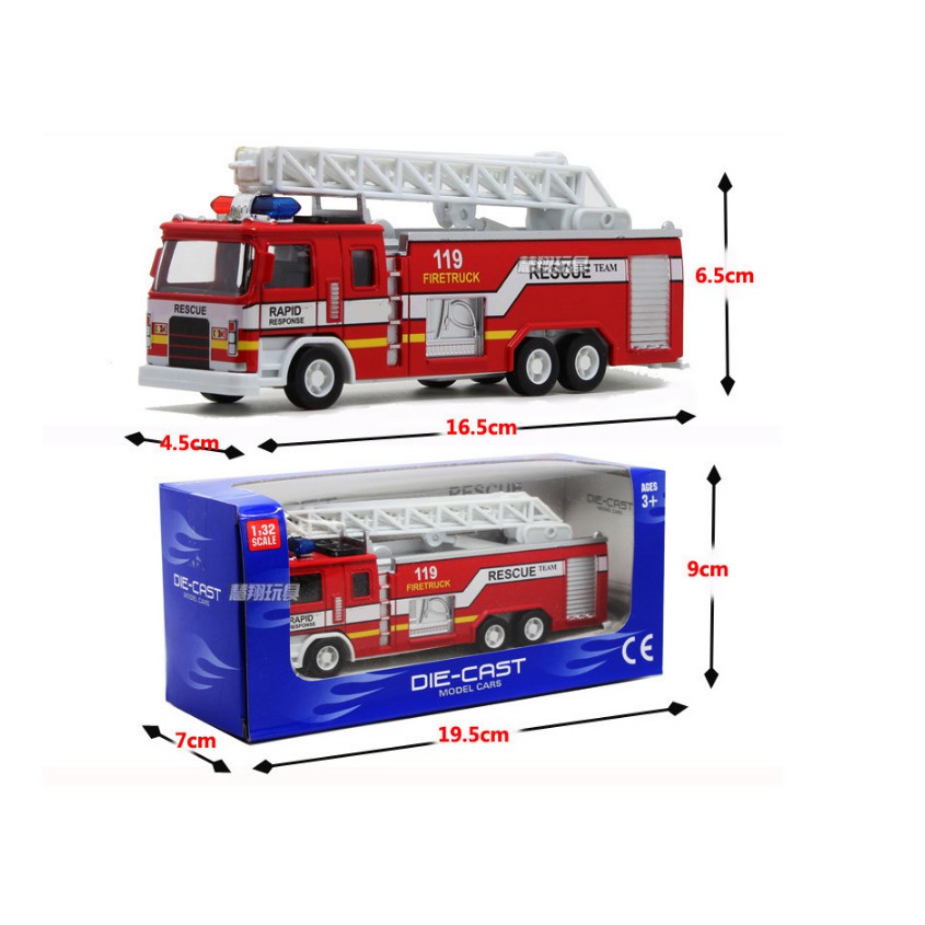 Xe ô tô cứu hỏa mini bằng sắt chạy cót có âm thanh và đèn đồ chơi trẻ em mô hình tỉ lệ 1:32