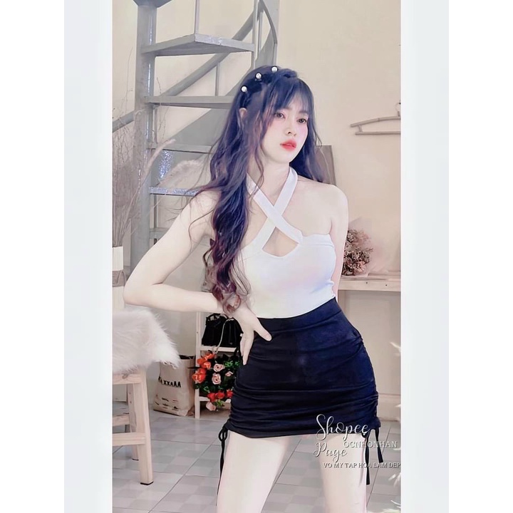 Sét bộ áo kiểu croptop chéo cổ trơn phối chân váy rút dây 2 bên cực xinh , chất thun gân mềm mịn