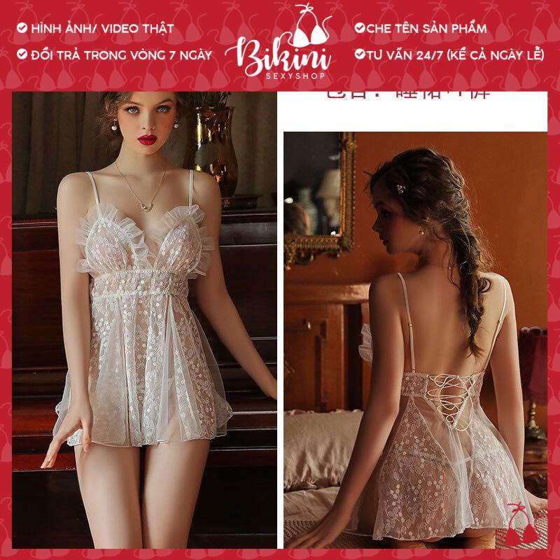 ❣️ Váy ngủ nữ sexy ren bông tuyết trắng siêu đẹp - Váy ngủ 2 dây gợi cảm phối ren xuyên thấu kèm chip lọt khe VN14