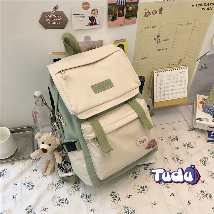 Balo Nữ Tudu, Ba Lô Đi Học Phong Cách Hàn Quốc Vải Chống Nước, Đựng A4, Laptop 14 Inch Kèm Móc Gấu Bông CN171-Xanh Rêu