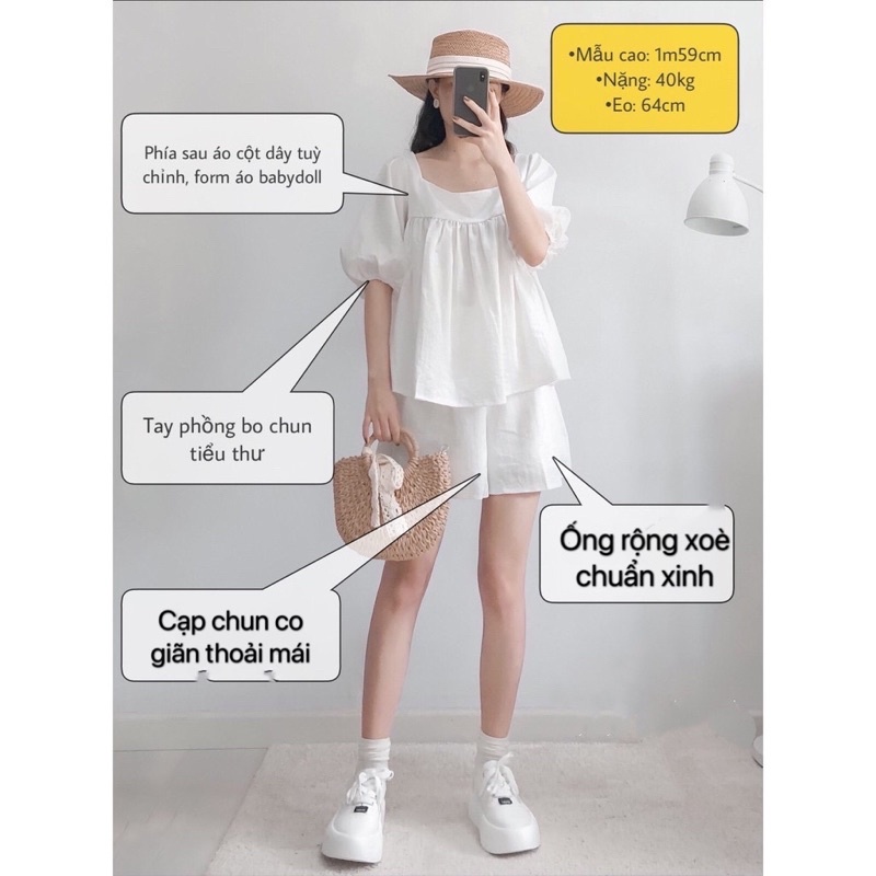 SET ĐŨI BABYDOLL TIỂU THƯ 🦋 BỘ Áo Trắng Kèm Quần Short Nữ Buộc Nơ Dây Sau🦋