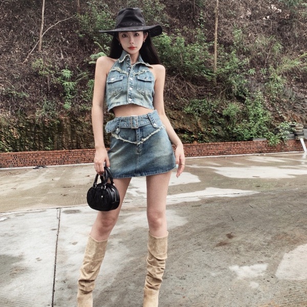 Bộ Áo Denim Không Tay Phối Chân Váy Denim Lưng Cao Thời Trang Mùa Hè Quyến Rũ Cho Nữ