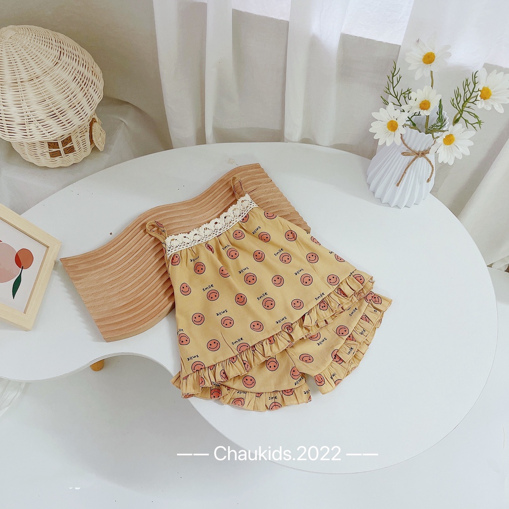 [SALE] Bộ 2 Dây Bé Gái Hoạ Tiết Quả Dâu Vải Đũi Tằm Mềm Mát Phối Ren Cổ, Đồ Bộ Cho Bé Mặc Nhà CK28