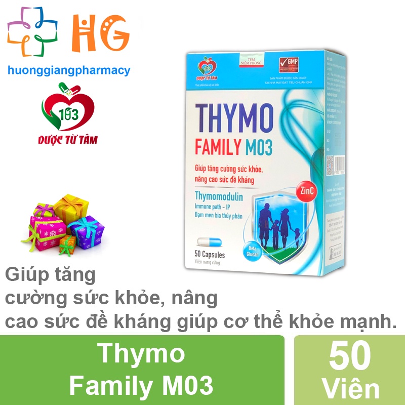 Thymo Family M03 bổ sung Beta glucan Thymomodulin và kẽm giúp tăng cường sức khỏe nâng cao sức đề kháng Hộp 50 viên nang