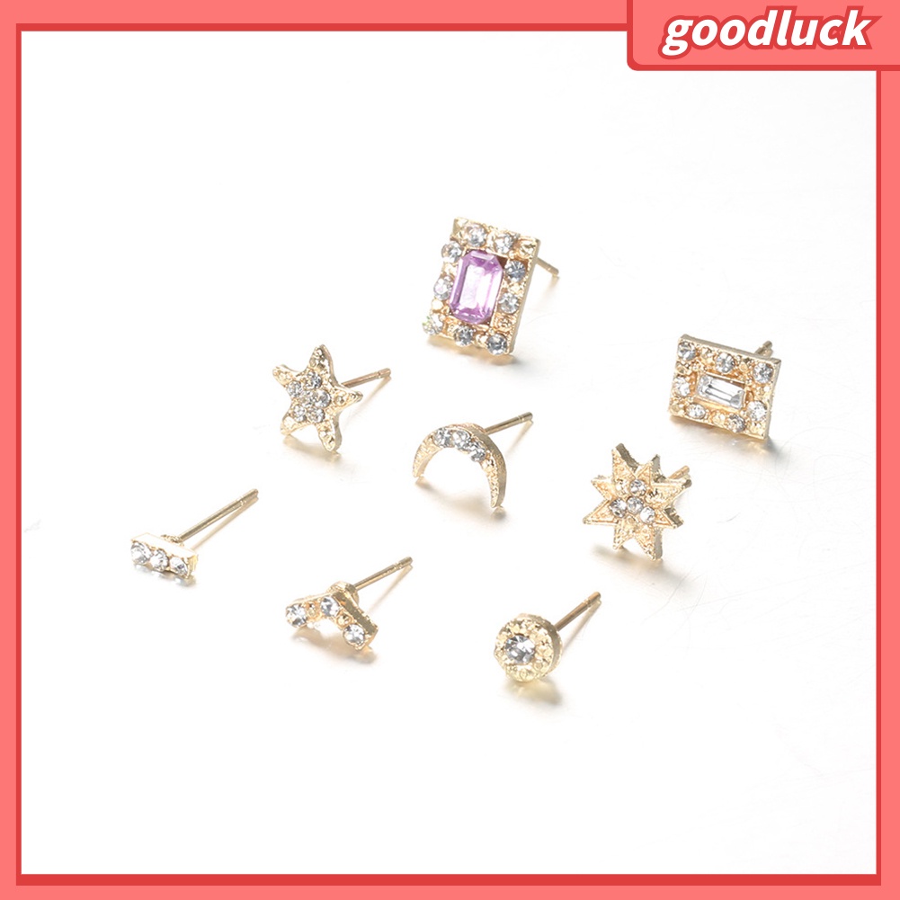 Set 7 đôi khuyên tai hình ngôi sao/mặt trăng đính kim cương nhân tạo cho nữ