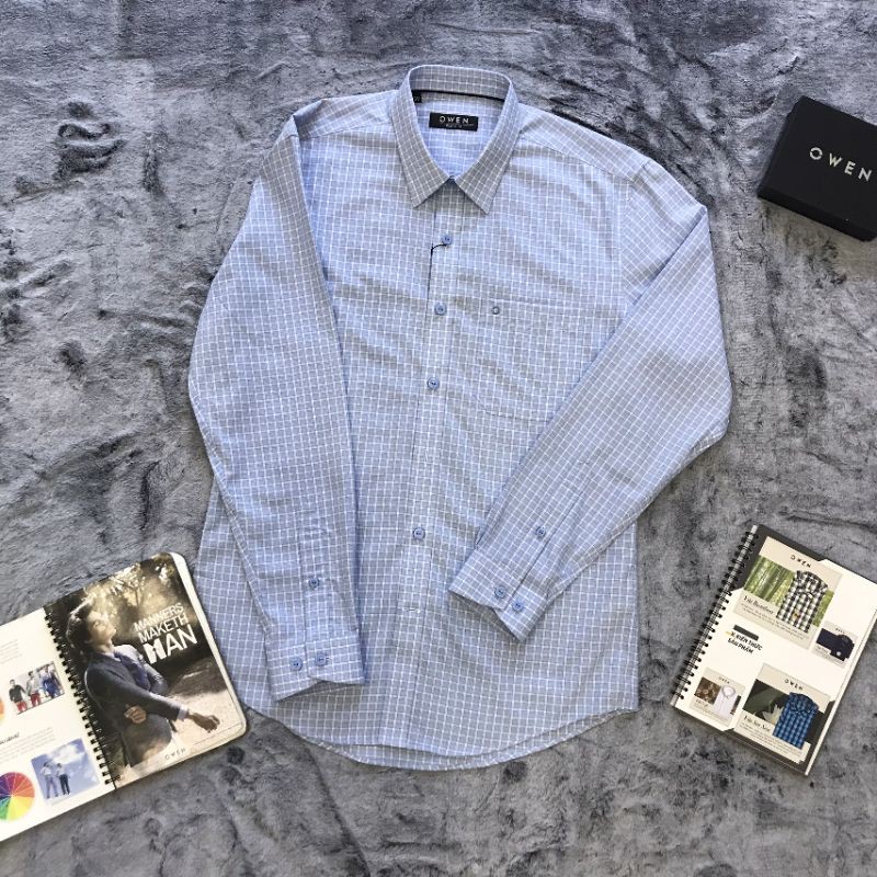 Áo Sơ Mi Nam Tay Dài Owen AR21055DT Dáng Regular Fit Màu Xanh Caro Trắng Vải Sợi Tre | BigBuy360 - bigbuy360.vn