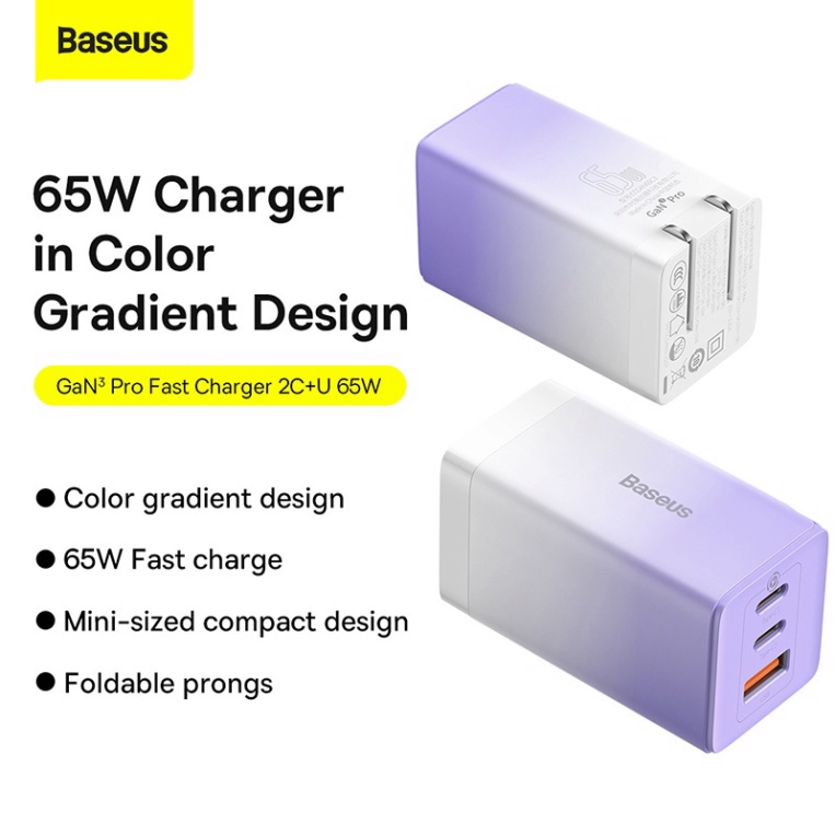 Bộ sạc nhanh Baseus GaN3 Pro 65W 2C+U QC4+ PD3.0 AFC cho máy tính xách tay iPhone 13 Huawei P40
