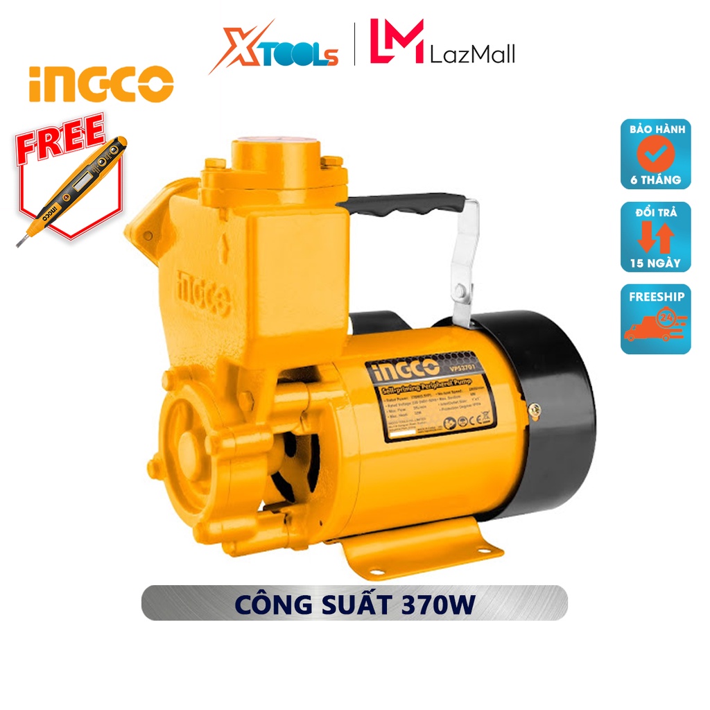 Máy bơm nước INGCO VPS3701 máy bơm tăng áp 370W (0.5HP), chiều cao bơm 32m, độ hút sâu 8m, mô tơ dây đồng tăng áp lực đư