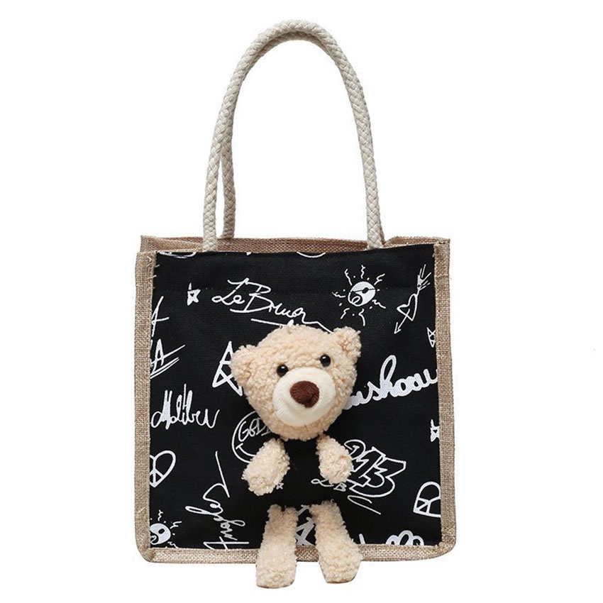 Túi cói hình gấu gắn gấu bông dễ thương có dây kéo tiện dụng T1027 - túi xách nữ thời trang - NASI Store