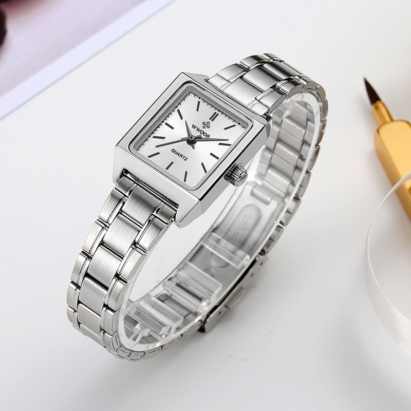 Đồng Hồ Quartz WWOOR Thiết Kế Mặt Vuông Chất Liệu Thép Không Gỉ Mạ Bạc Sang Trọng Cho Nữ-8850