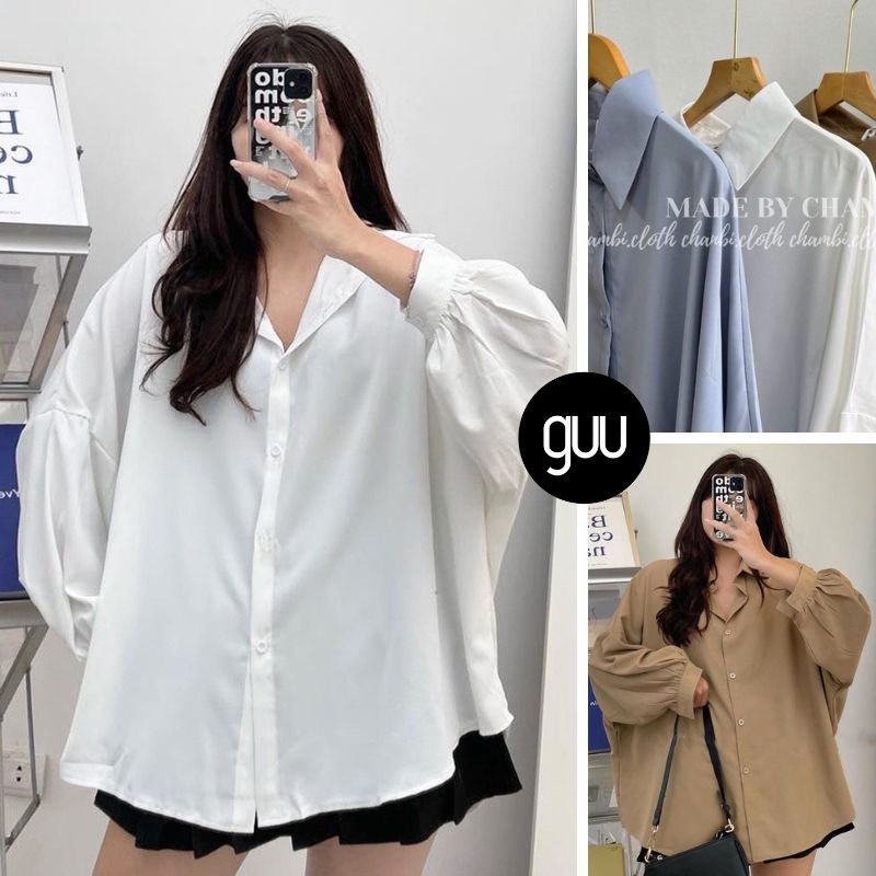 Áo sơ mi nữ GUU freesize tay dài bồng cài cúc cổ bẻ đuôi tôm 3 màu trắng nâu xanh chất vải thô lụa mềm mát style ulzzang
