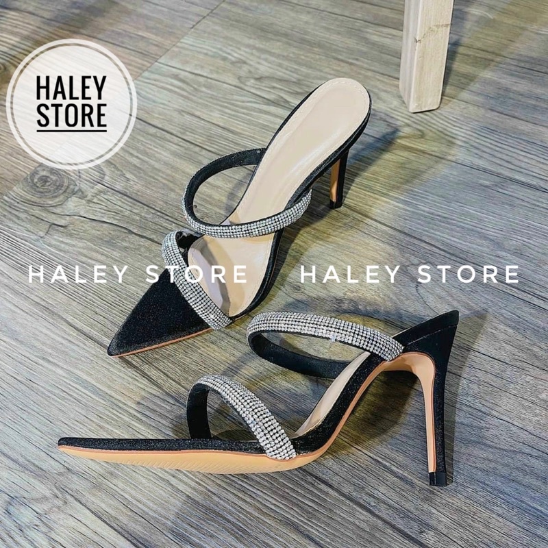 Giày cao HALEY STORE gót mũi nhọn hai quai đính đá xoàn lấp lánh đi chơi tiệc rẻ bền đẹp tiểu thư