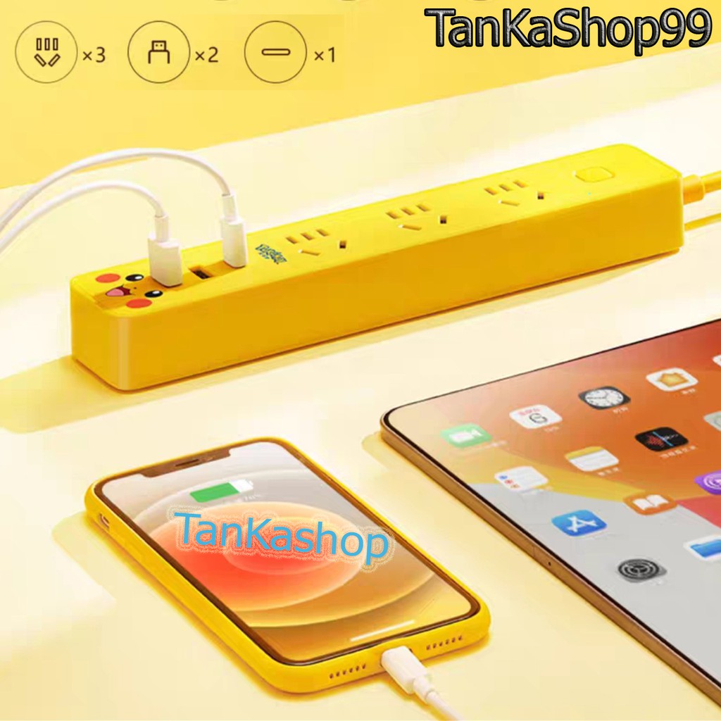 Ổ Cắm Điện Bull x Pokemon kiêm sạc nhanh  điện thoại 1 cổng TypeC PD  2 cổng sạc USB , 3 ổ cắm Dây Dài 1,8m