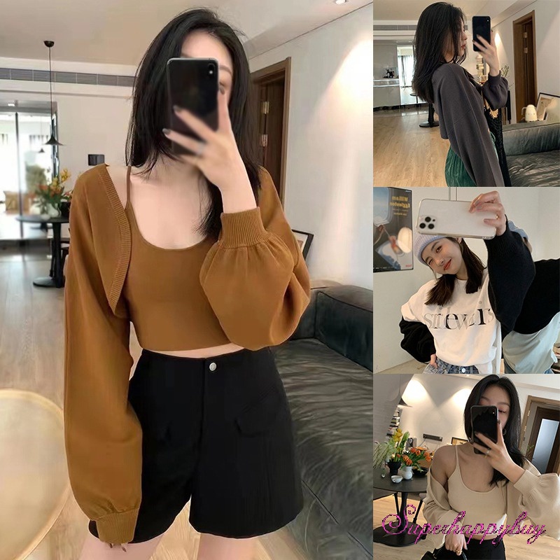 Áo Cardigan Dệt Kim Tay Dài Dáng Ngắn Thời Trang Cho Nữ
