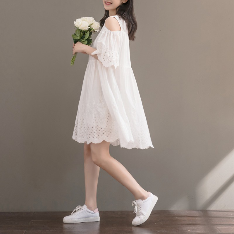 Váy babydoll trắng khoét vai - MS274 (Có ảnh thật)