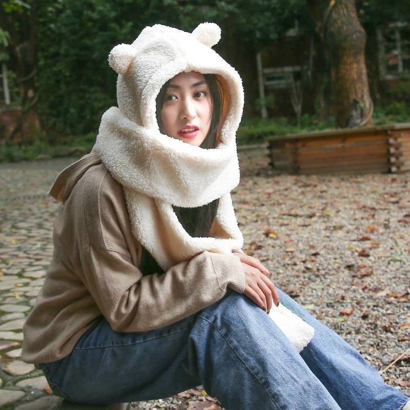 Mũ lông cừu tai gấu kèm khăn quàng cổ và găng tay ấm áp ulzzang Hàn