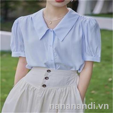 Áo Sơ Mi Tay Phồng Cổ Chữ V Màu Xanh Dương Phong Cách Retro Pháp Thời Trang Mùa Hè Hàng Mới Dành Cho Bạn Nữ 2021