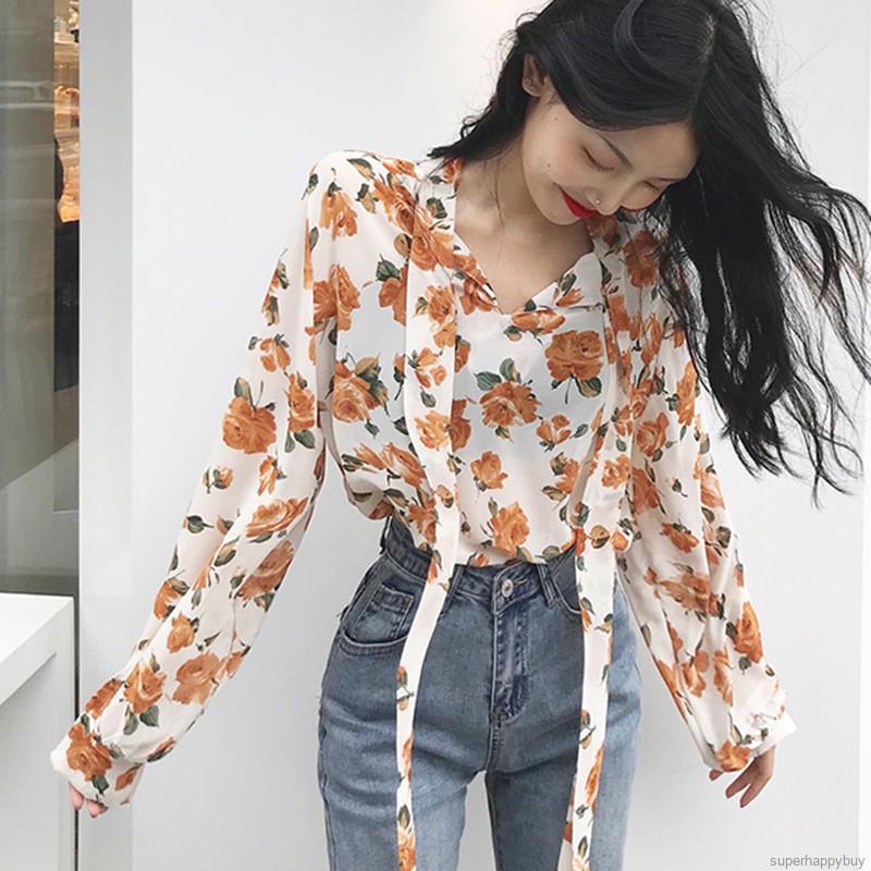 Áo kiểu cho nữ bằng vải chiffon xẻ cổ chữ V in hoa gợi cảm