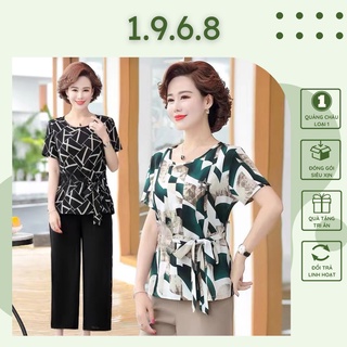 Đồ bộ nữ trung niên, Áo voan thắt eo, Quần vải cát ống rộng