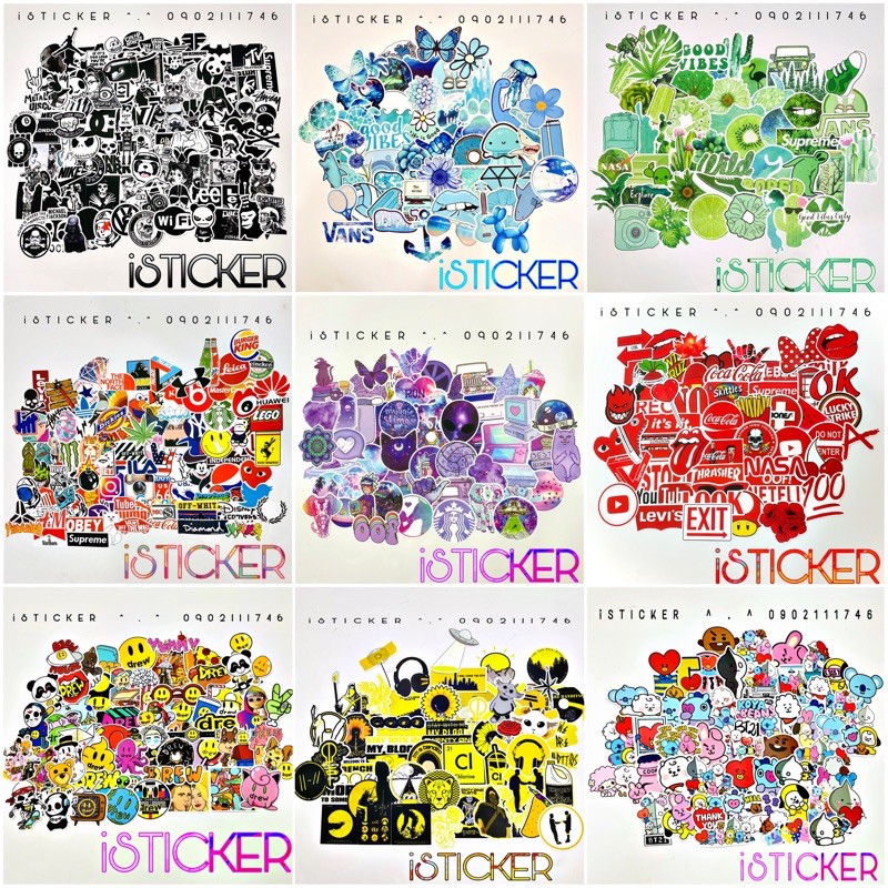 [Set 50 ~ 100 c&aacute;i] Sticker PVC vinyl nh&aacute;m chống thấm cao cấp chủ đề VSCO, BT21, TỔNG HỢP,... d&aacute;n vali, laptop, mũ BH