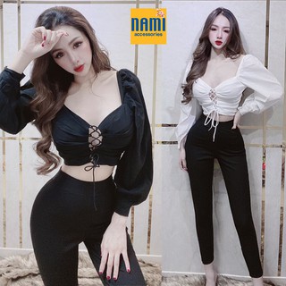 SET ÁO TAY DÀI ĐAN DÂY NGỰC KÈM QUẦN CHÍN TẤC SEXY - QANU155