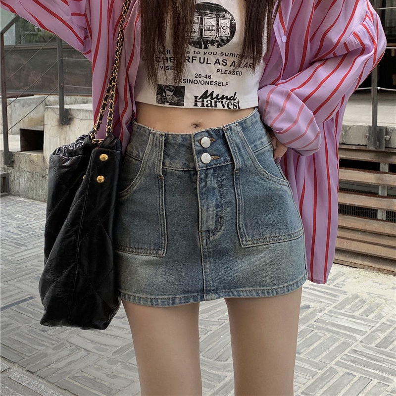 Chân váy jean COZOKC lưng cao phong cách cổ điển thời trang