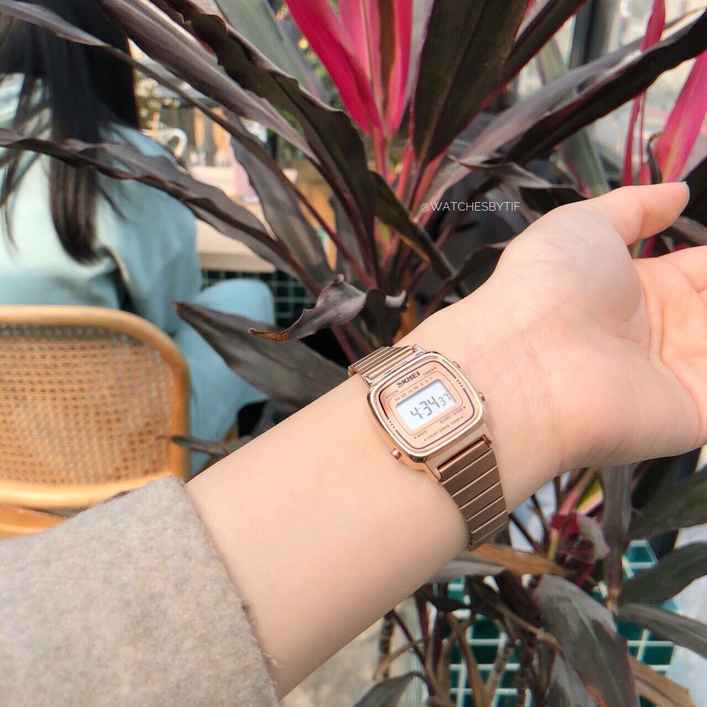 Đồng hồ điện tử dây kim loại SKMEI DUPE rose gold đồng hồ nữ mặt nhỏ thời trang size 22mm Watchesbytif báo thức bấm giờ | BigBuy360 - bigbuy360.vn