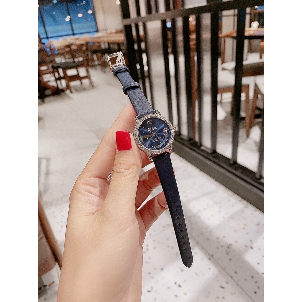 Đồng hồ nữ coach glitz 14502693 dây da / dây thép , mặt xanh viền đính đá , size 28mm