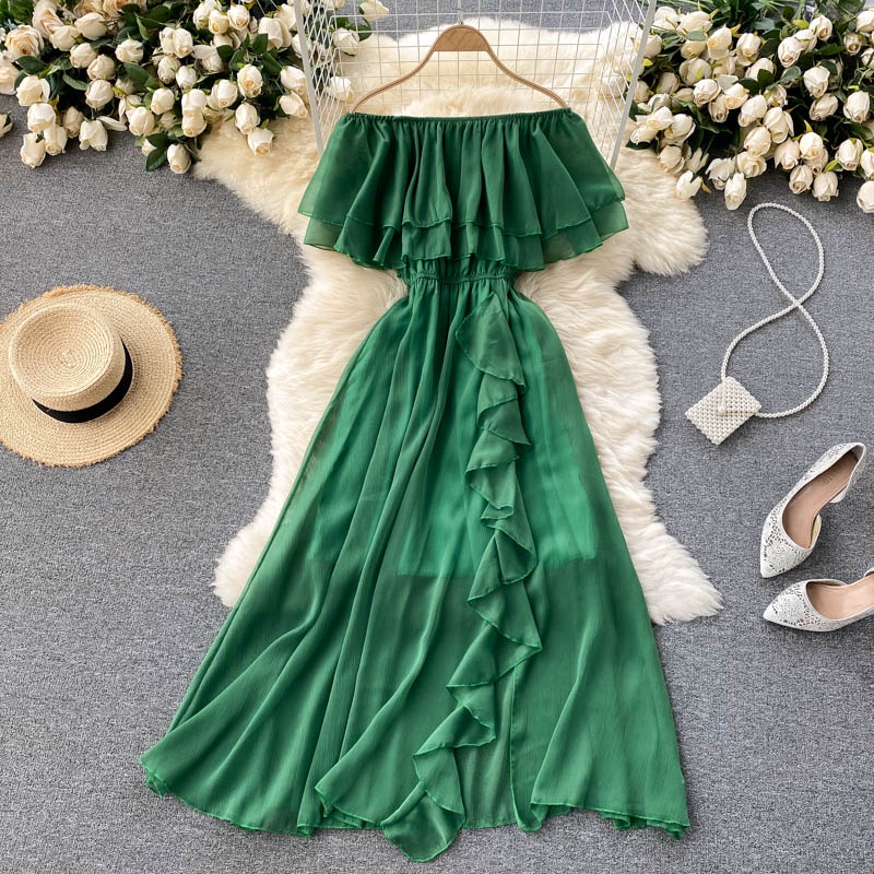 Đầm maxi voan trễ vai váy vai ngang mùa hè đi biển Đ698