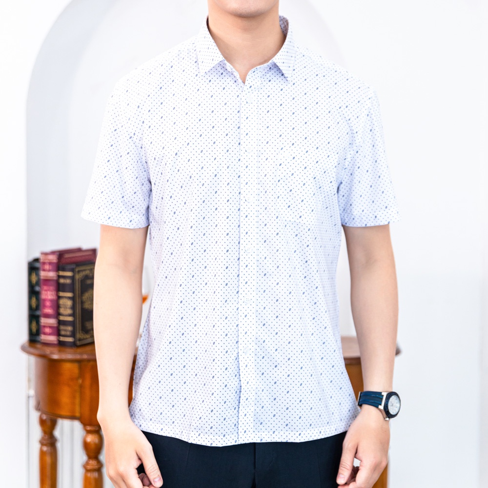 Áo Sơ Mi Nam Công Sở Trung Niên Anton Somianton Màu Trắng Họa Tiết Chấm Bi Ngắn Tay Vải Cotton Anton - 808