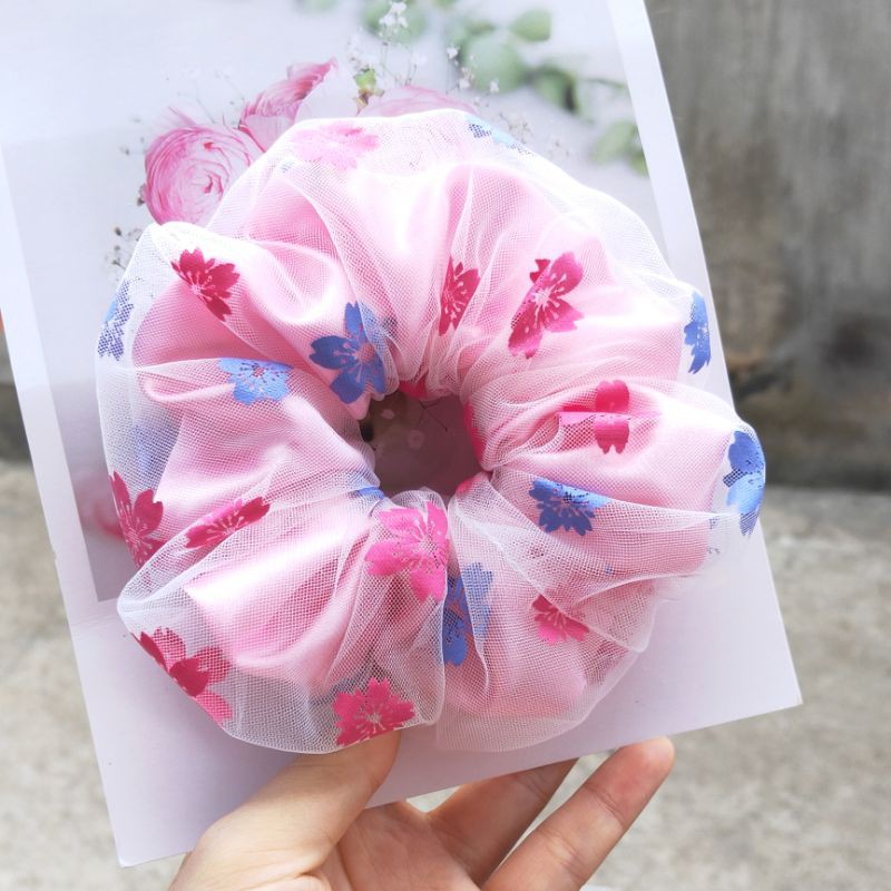 Dây buộc tóc Scrunchies họa tiết hoa mai 2 lớp