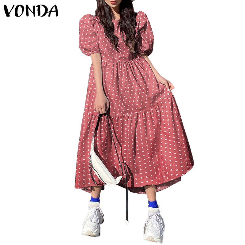 Đầm Ngắn Tay VONDA Cổ Tròn Họa Tiết Chấm Bi Cho Nữ