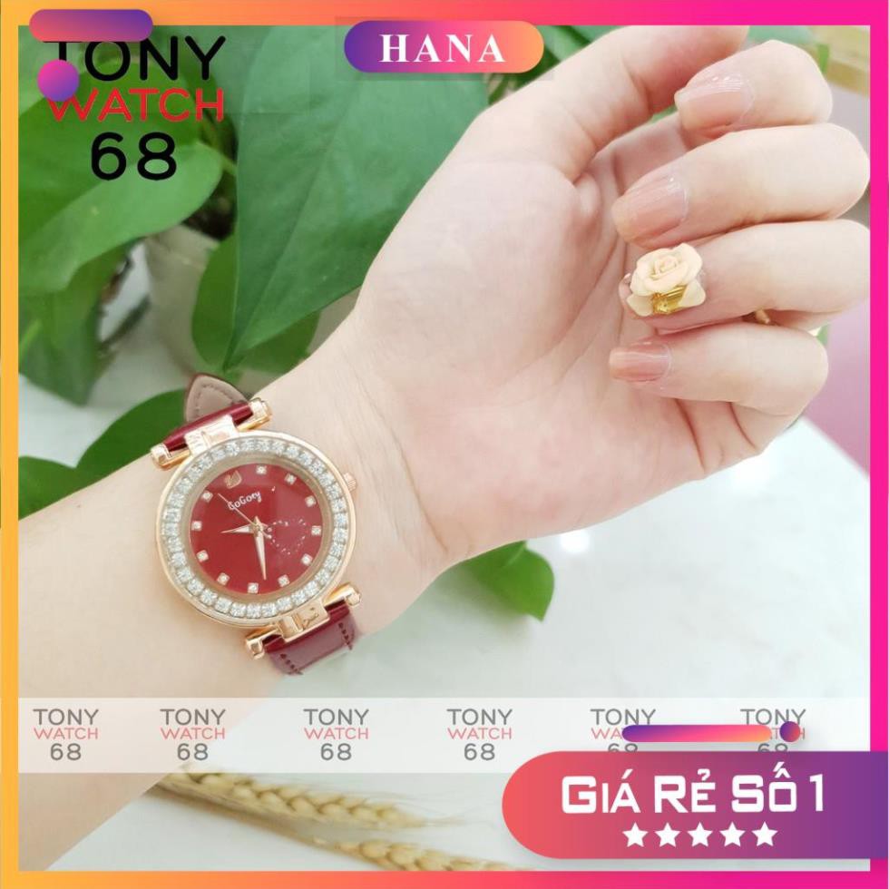 Đồng hồ nữ Gogoey đẹp dây da đỏ mặt ngọc thiên nga chống nước chính hãng Tony Watch 68