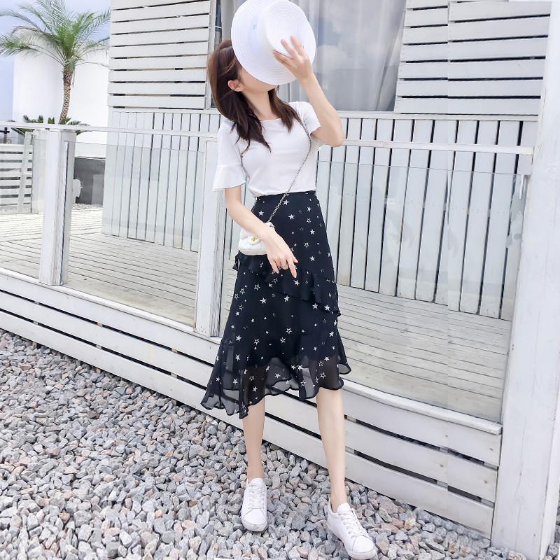 Sẵn hàng Chân váy voan hình sao Ulzzang vạt chéo - kèm ảnh thật - LÊN ĐỒ