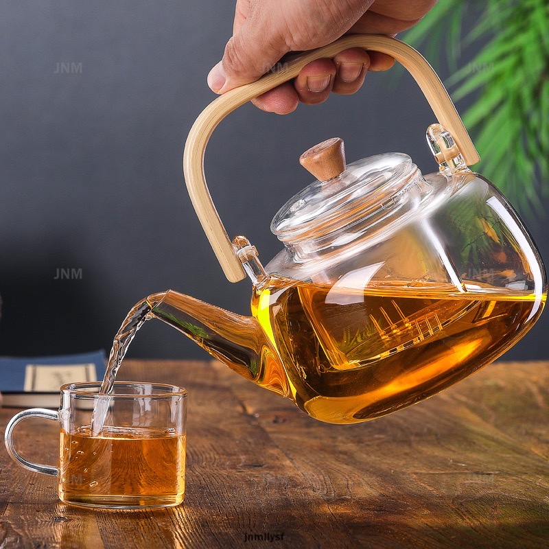 Ấm pha trà thuỷ tinh chịu nhiệt tay gỗ 1000ml có thể đun trên bế ga bếp hồng ngoại