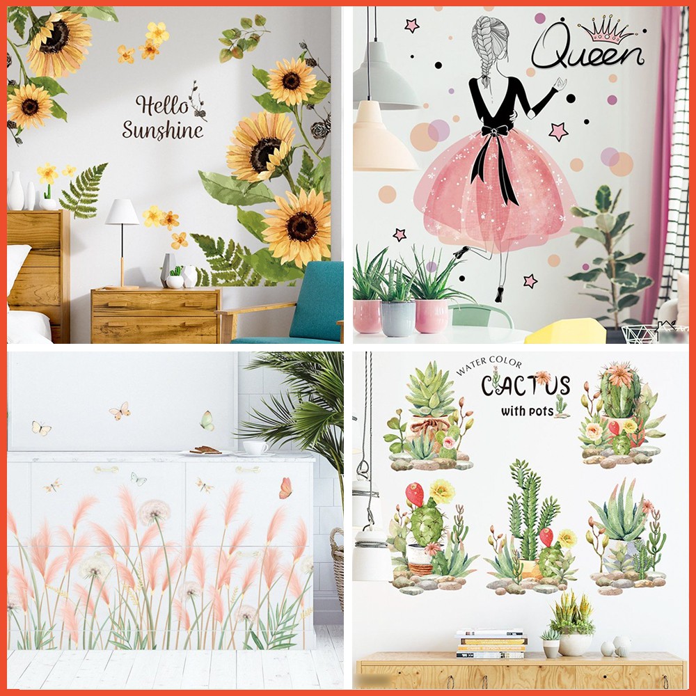Decal dán tường hoa lá phòng khách,phòng ngủ-Sticker trang trí phong cách hàn quốc dán được trên nhiều bề mặt có keo sẵn