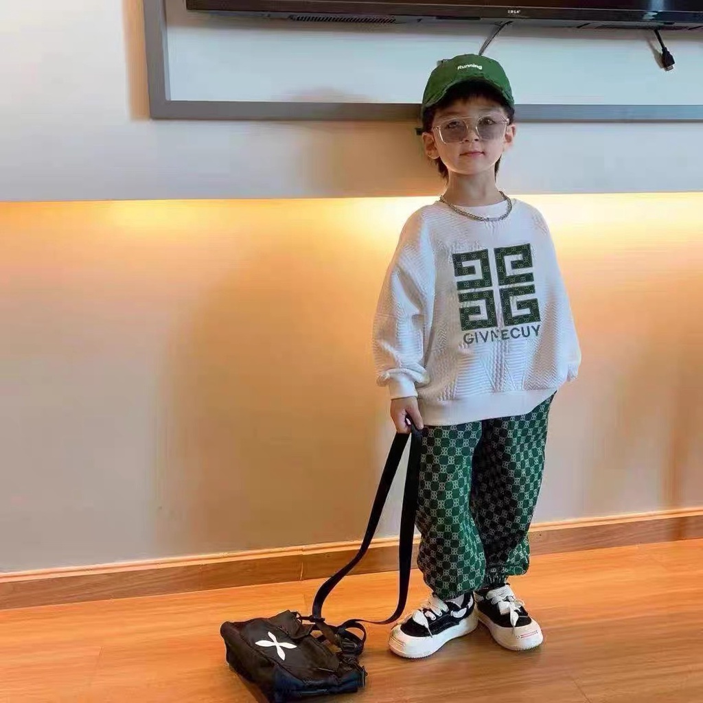 Quần áo thu đông bé trai, set bộ quần áo xốp hàn thêu GIVNECHY kèm quần umi cao cấp cho bé