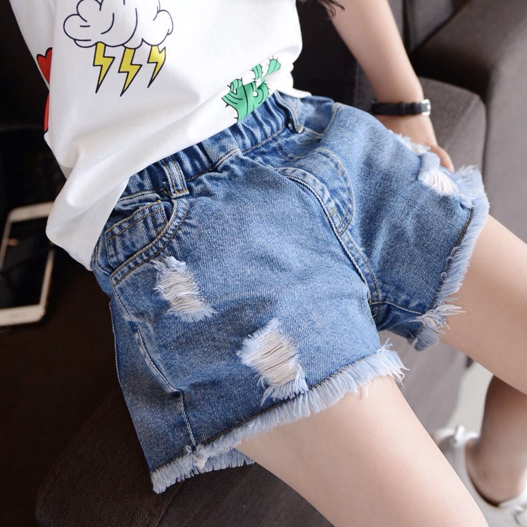 Quần bé gái☢✺Quần short denim trẻ em, nữ sinh mùa hè, quần short rách, quần nữ sinh lớn, quần jean nữ sinh