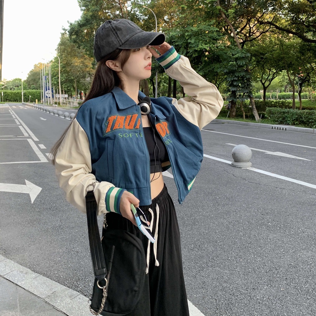 Áo Khoác Lửng Dáng Rộng Màu Sắc retro Phong Cách Mỹ Cho Nữ