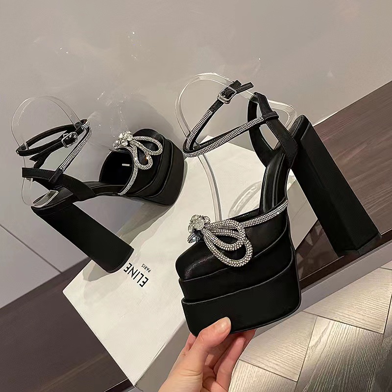 Giày sandal cao gót vải satin đính đá chống nước thời trang hè năm 2022 cho nữ