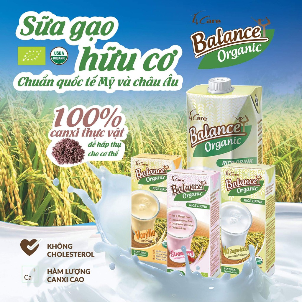 Sữa Gạo Hữu Cơ Thái Lan 4 CARE BALANCE ORGANIC, có đủ 3 Hương Vị, Sữa Vanni, Sữa Dâu, Sữa Không Đường