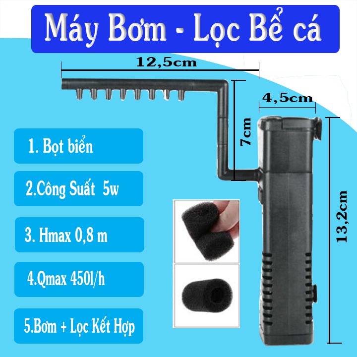 Bơm lọc bể cá mini 3 trong 1 công suất 5W,7W chất liệu nhựa ABS không gây tiếng ồn với máy bơm bọt biển