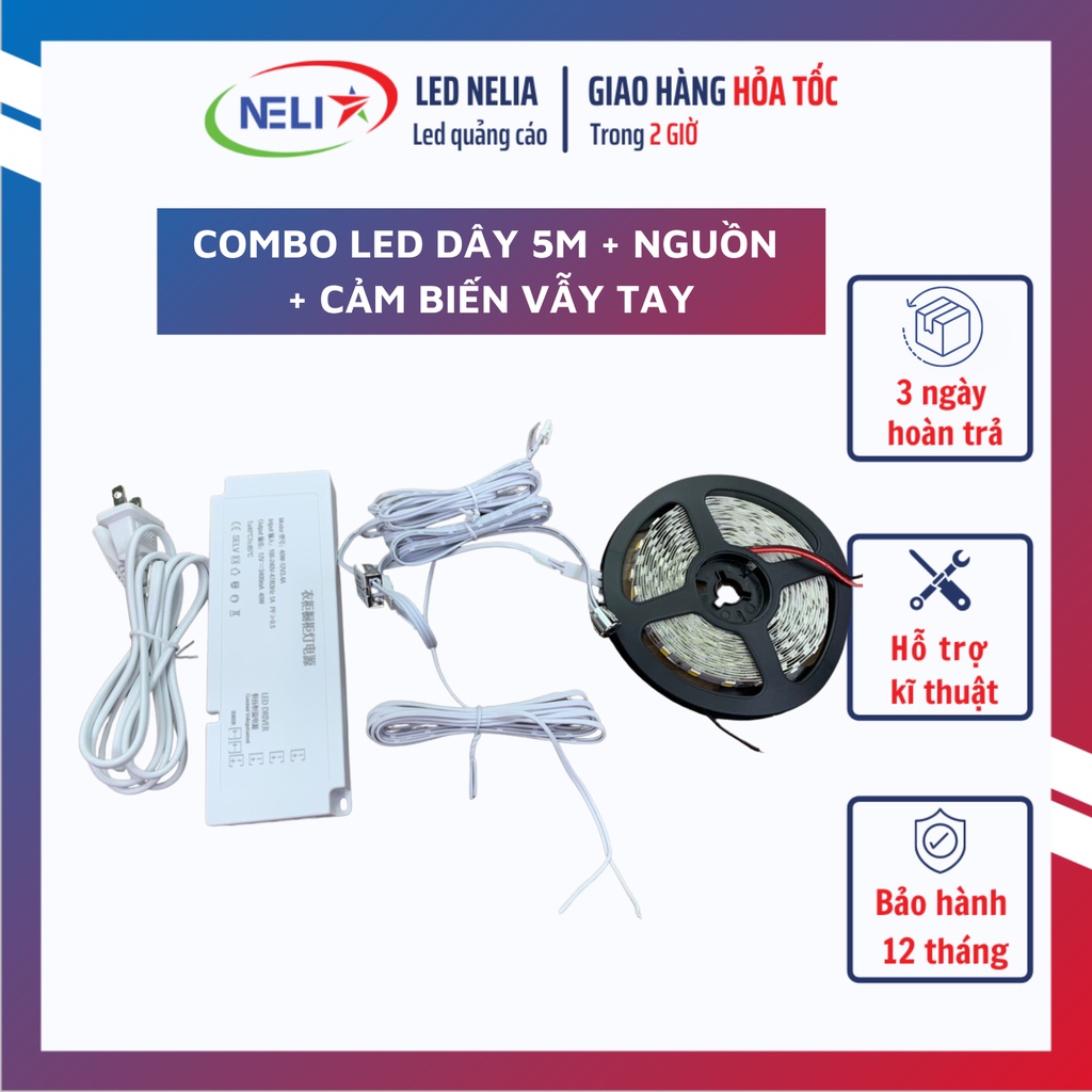 Bộ led dây 5m 5054 dán kệ tủ bếp, tủ quần áo, kệ trưng bày có có nguồn + cảm biến vẫy tay.