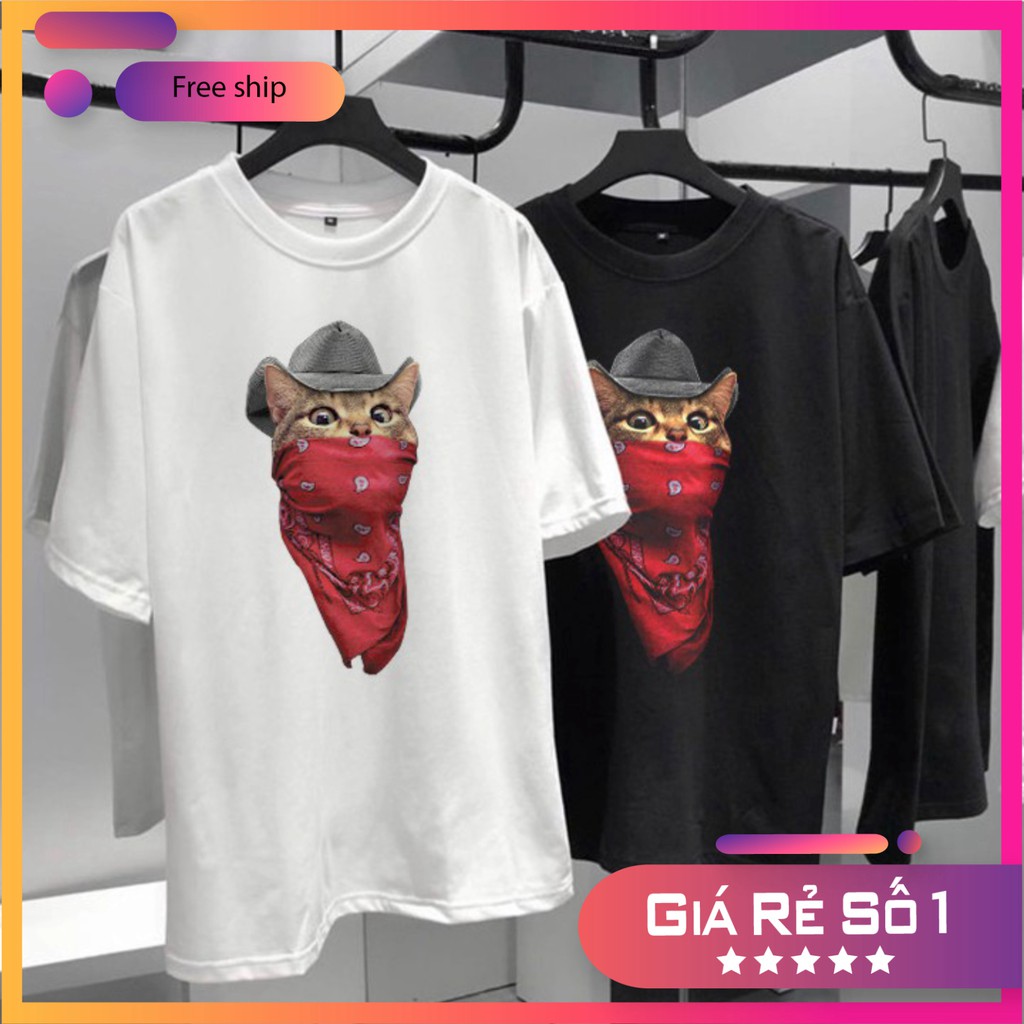 Áo Thun Tay Lỡ Unisex Form Rộng Nam Nữ Mèo Cao Bồi Dễ Thương Áo Mùa Hè Basic Tee Oversize