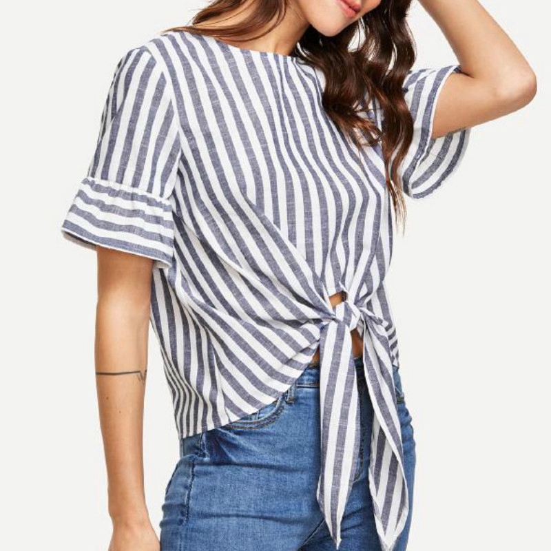 Áo Cotton Lanh Cổ Tròn Ngắn Tay Họa Tiết Sọc Ngang Nhiều Màu Cho Nữ