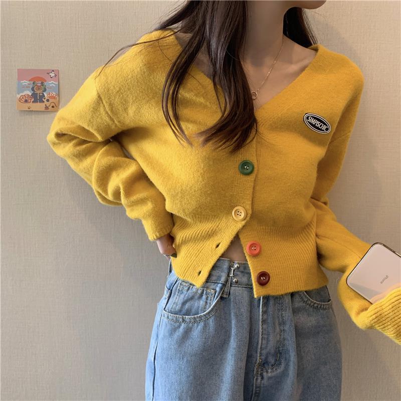 Áo sweater dáng rộng ngắn cổ chữ V phối nút nhiều màu phong cách 2020 trẻ trung