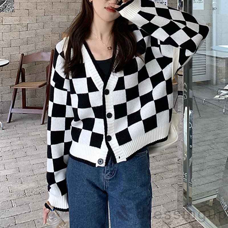 Áo sweater dệt kim tay dài cổ chữ V dáng rộng in họa tiết kẻ ô màu xanh lá/đen cho nữ