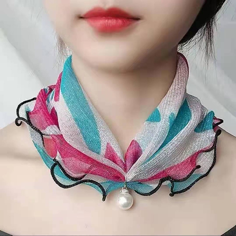 Khăn bandana trùm đầu bảo vệ chống nắng vải voan phối ren đa năng thời trang đính hạt ngọc trai nhân tạo dành cho bạn nữ